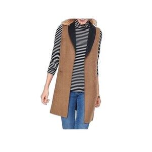 NWT Talbots Double Faced Wool Blend Tan Navy Open Longline Vest Sz 1X